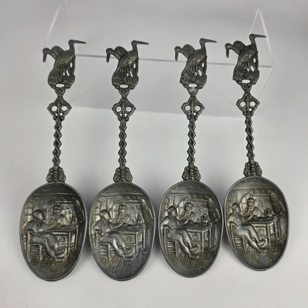 Antique Dutch Pewter Souvenir Spoons Set of 4 Volendam Holland Stork Tavern Scen